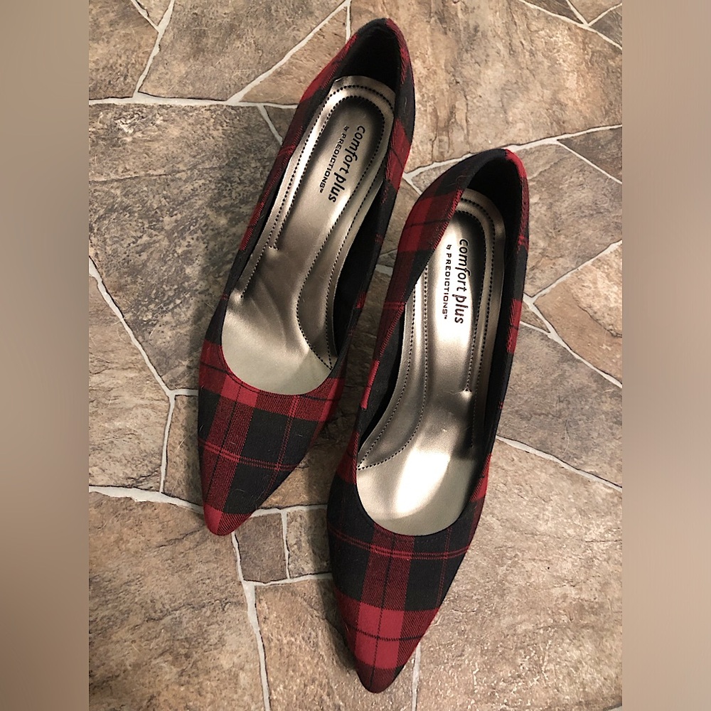 Comfort Plus Black and Red Plaid Heels
